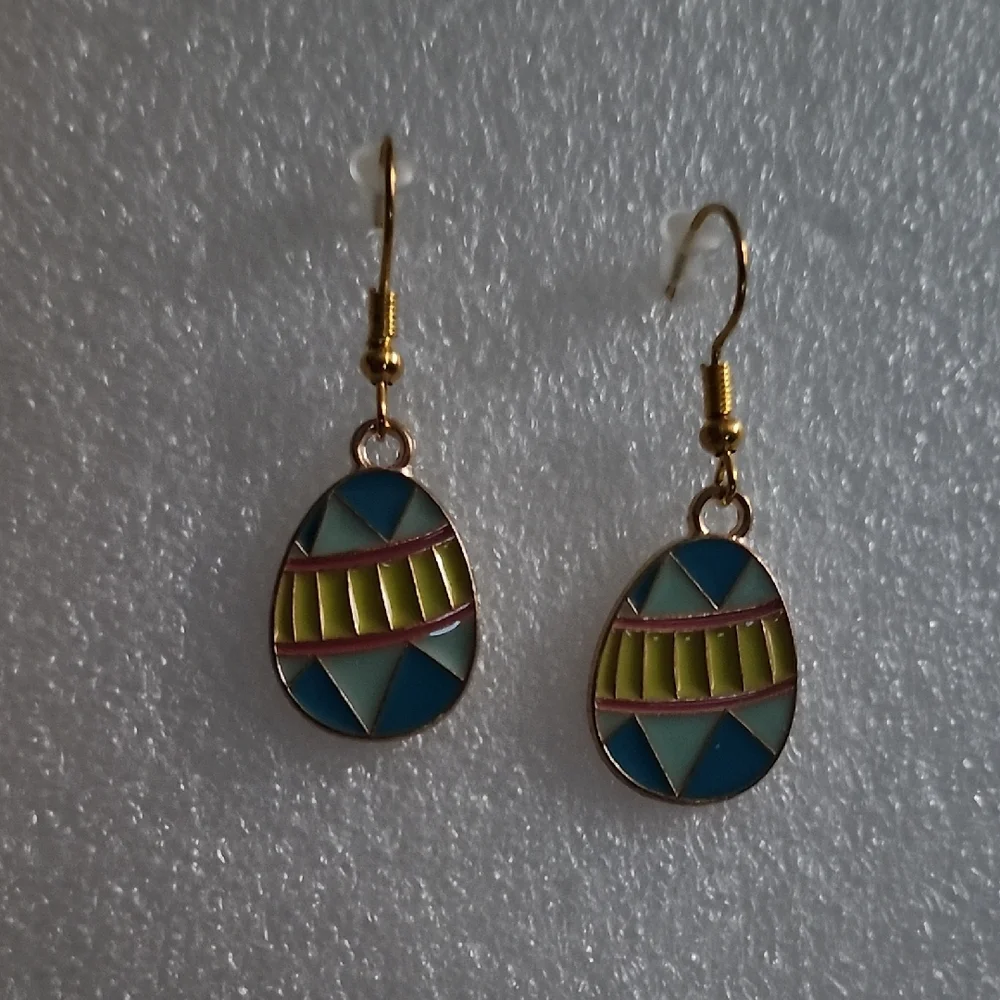 Hand Crafted Gold Teardrop Earrings with Blue and Lime Accents